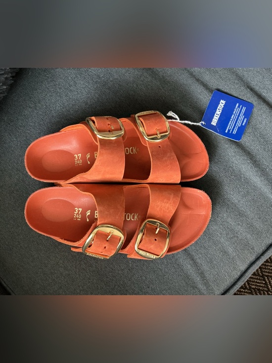 Birkenstock Shoes - Birkenstock Orange Two-Strap Sandals with Gold Buckles